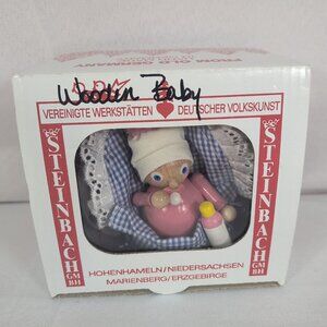 Steinbach Wooden Baby Girl Christmas Ornament Handmade Germany Vintage Pink Blue